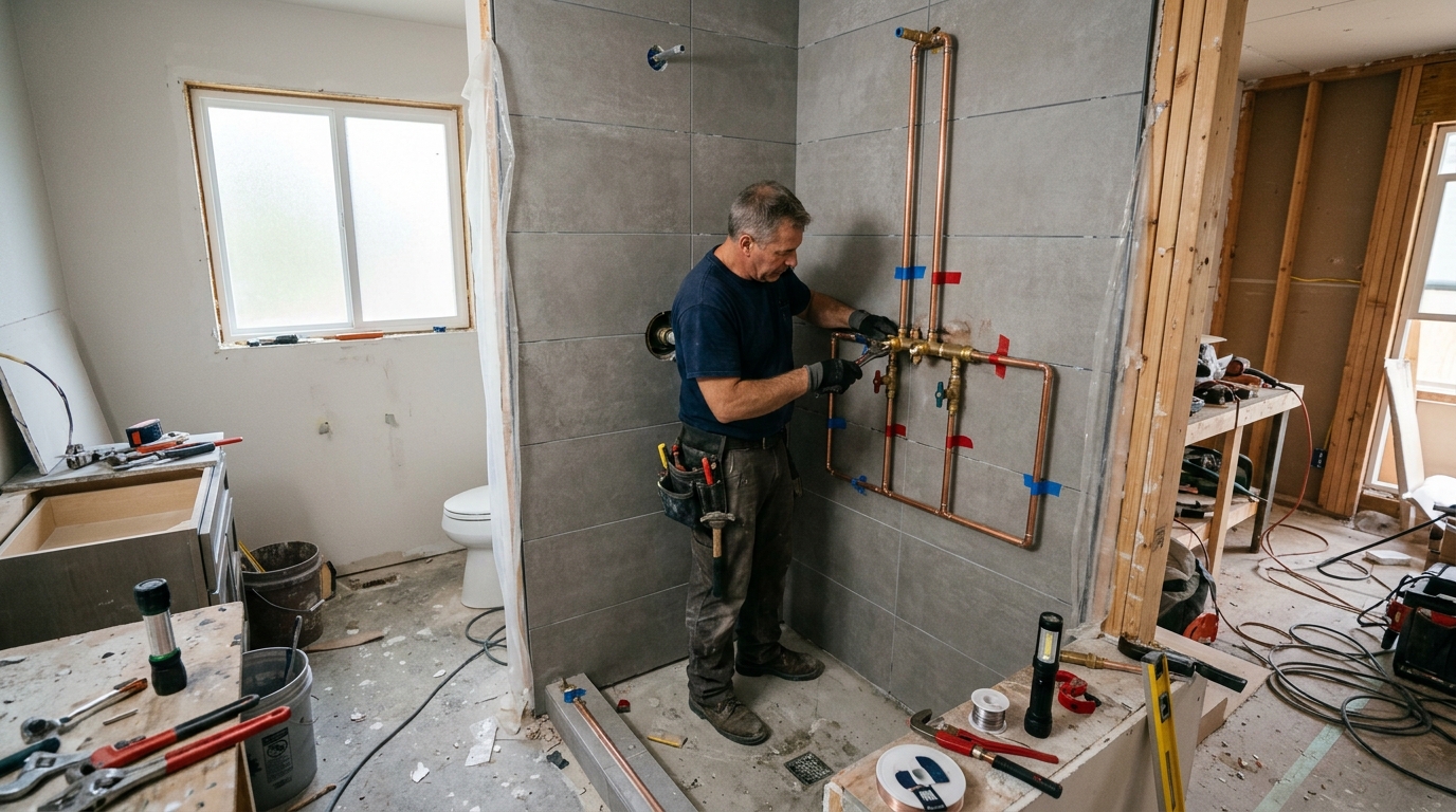 Residential Bathroom Renovation Rough-In Copper Pipe Installation