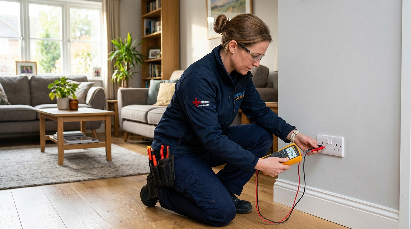 Qualified Electrician Testing Residential Wall Socket with Multimeter
