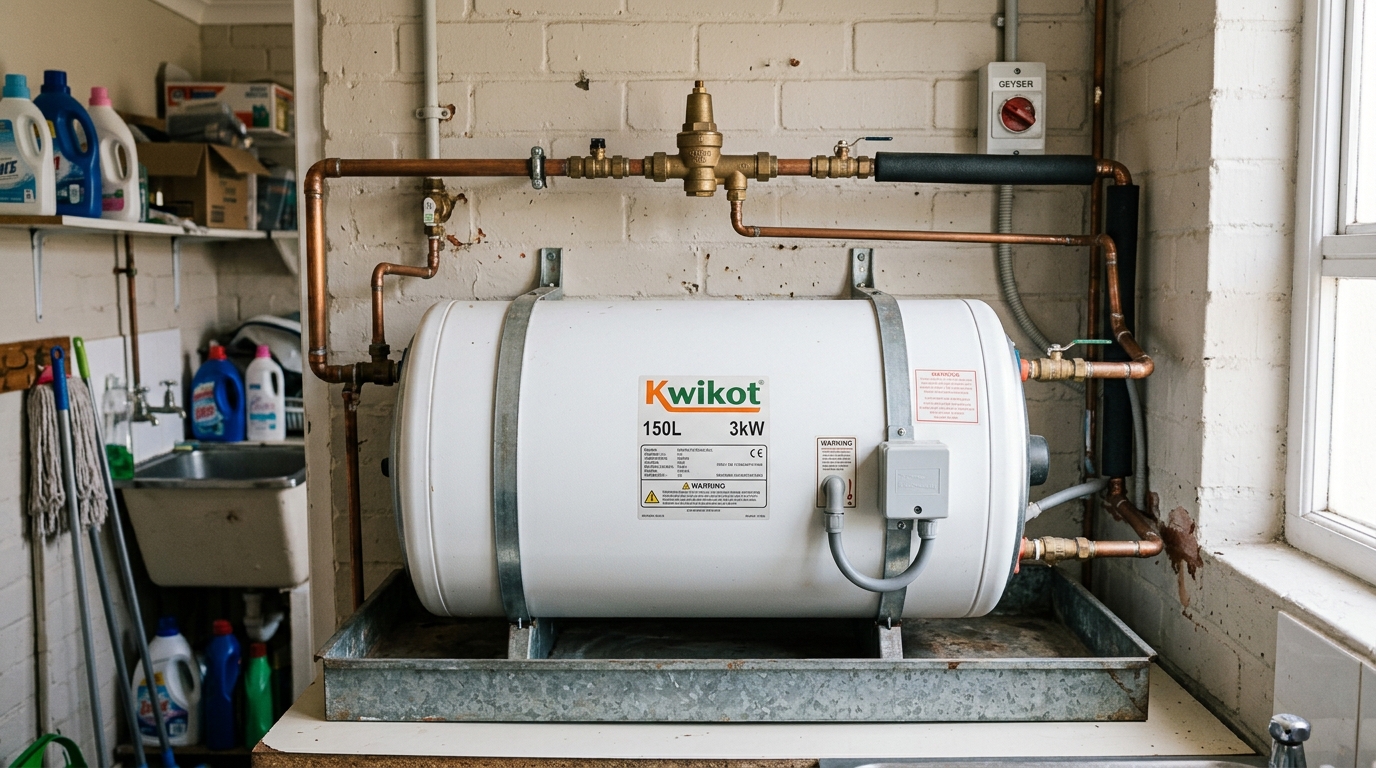 Kwikot 150L Domestic Geyser in Galvanized Drip Tray